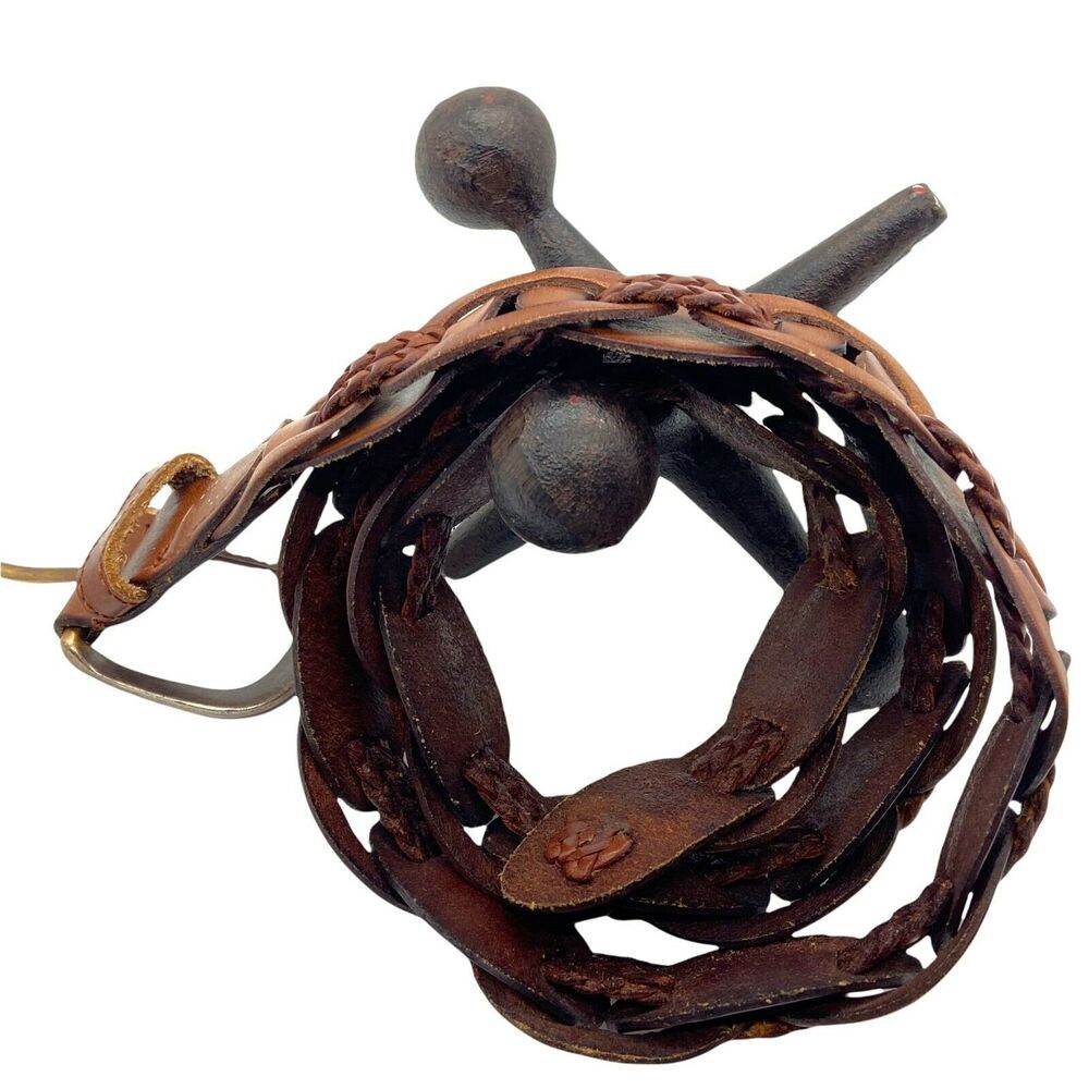 Retro Leather Belt Women Size Medium Woven Braid Cognac Brown 36 inches